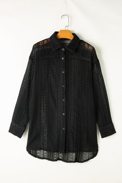 Openwork Collared Neck Long Sleeve Shirt.