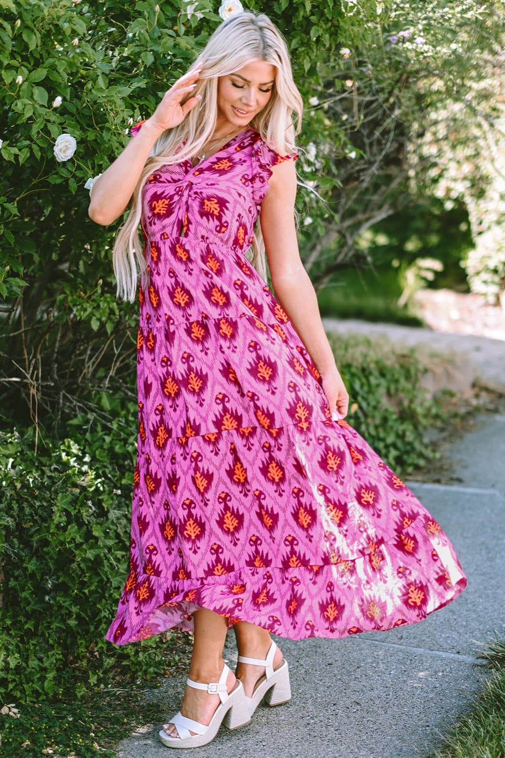 Twisted Printed Cap Sleeve Midi Dress.