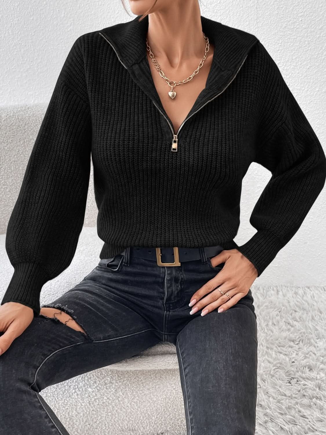 Cozy Honey Acrylic Half Zip Sweater with Dropped Shoulders