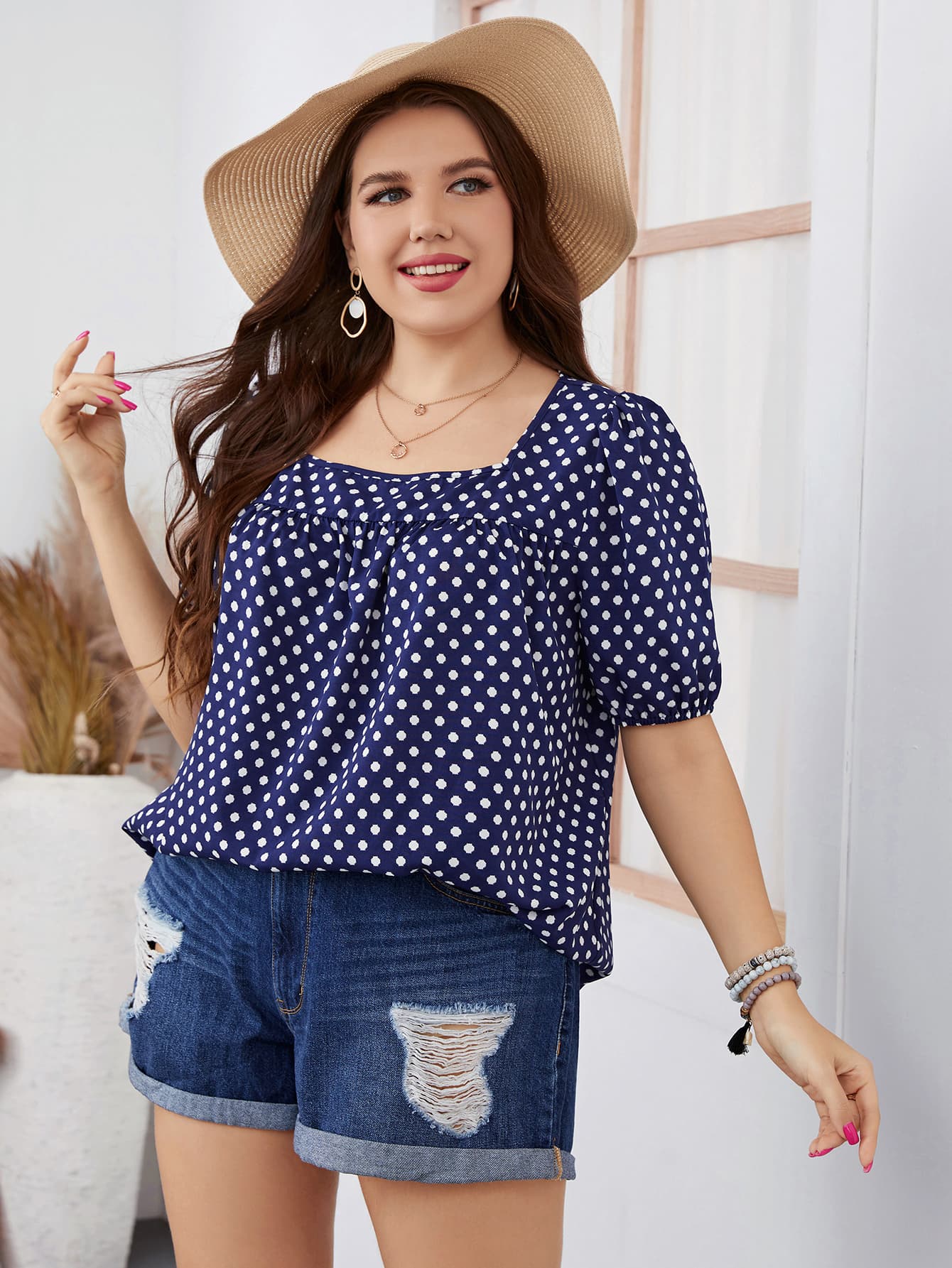 Plus Size Polka Dot Square Neck Blouse.