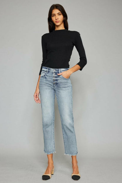 Kancan High Waist Button Fly Raw Hem Cropped Straight Jeans.