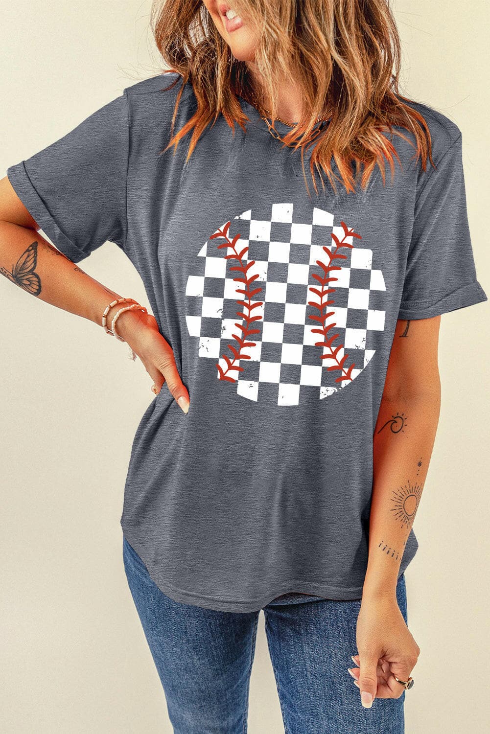 Checkered Graphic Round Neck Short Sleeve T-Shirt.