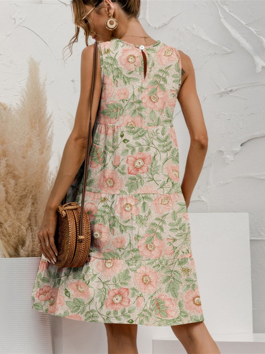 Tiered Printed Round Neck Sleeveless Dress.