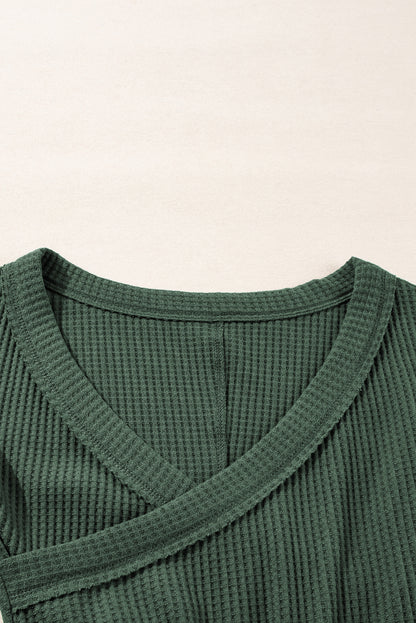 Chic blackish green ribbed knit wrap bodysuit with V-neck design