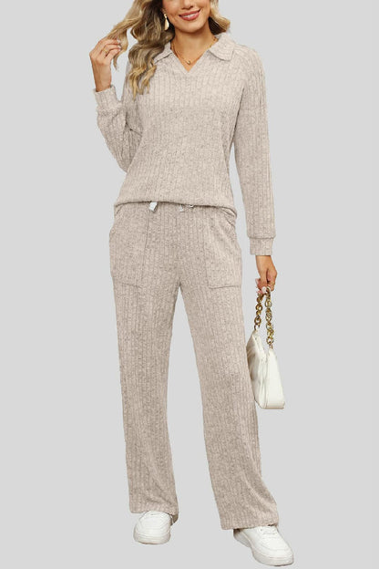 Ribbed Long Sleeve Top and Pocketed Pants Set.