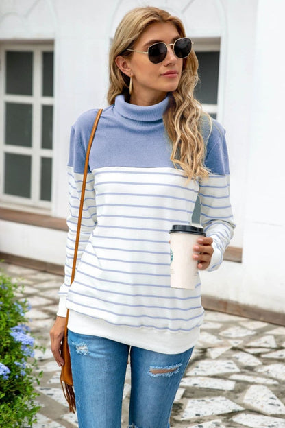 Striped Contrast Turtleneck Sweater.