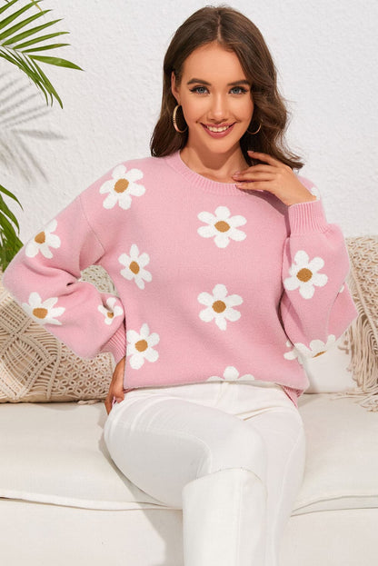 Flower Round Neck Dropped Shoulder Sweater.