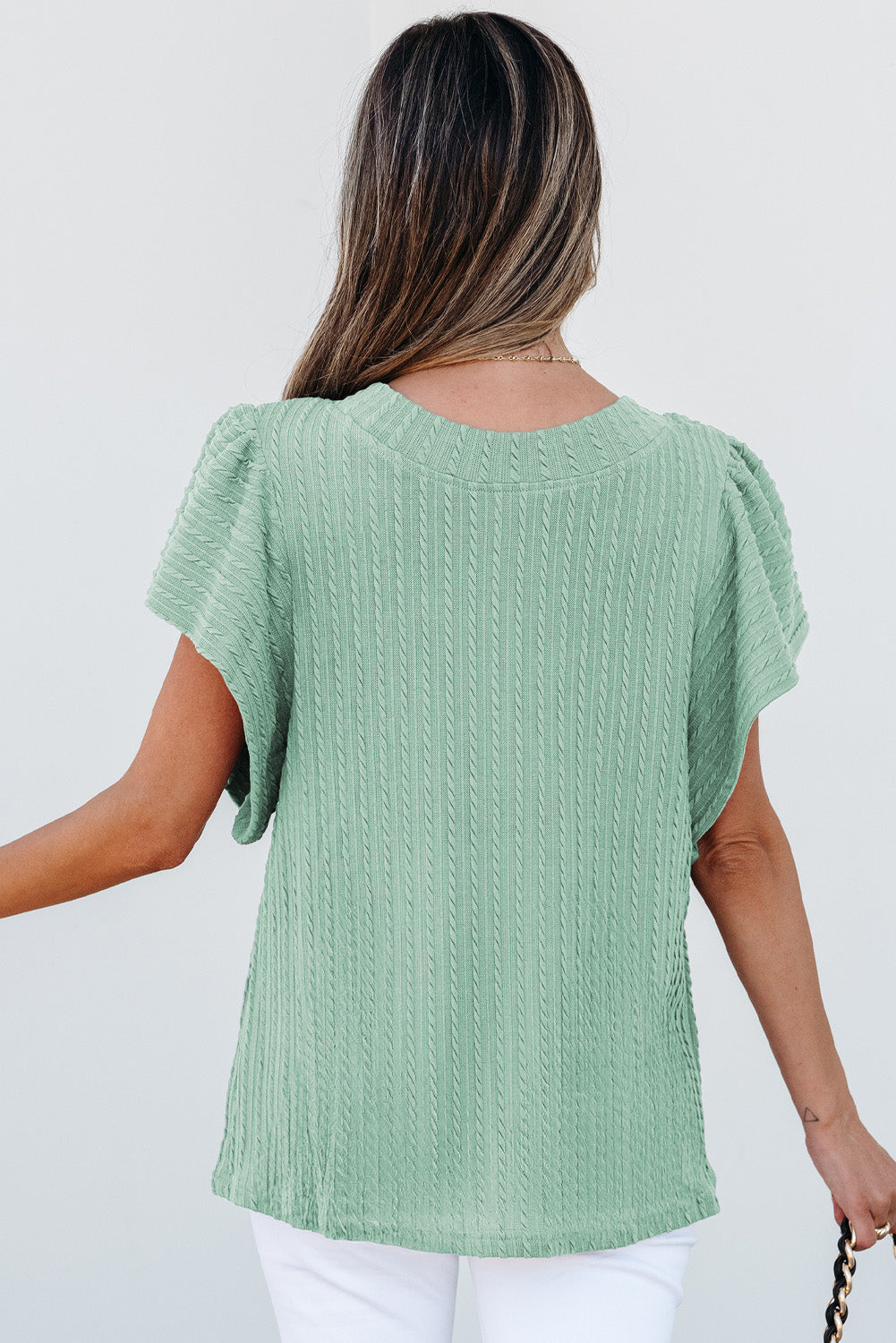 Moonlight Jade Solid Color Textured Flutter Sleeve Top for Women