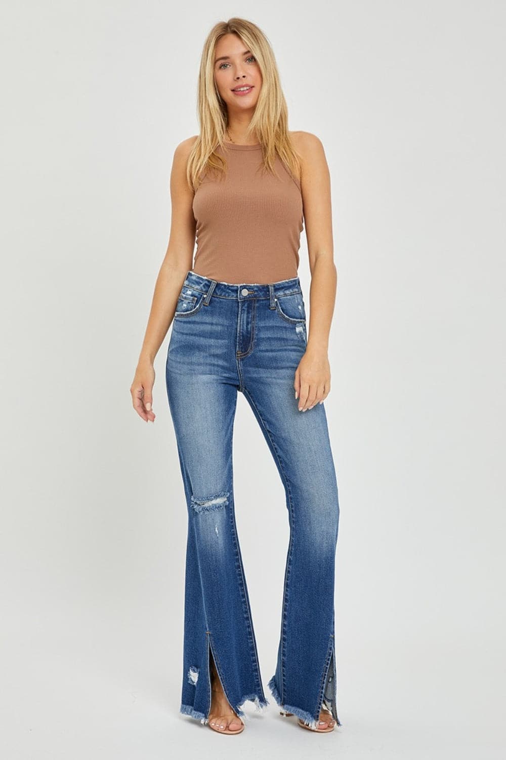 RISEN Full Size High Rise Front Slit Frayed Hem Flare Jeans.