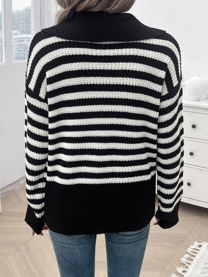 Striped Collared Neck Long Sleeve Sweater.