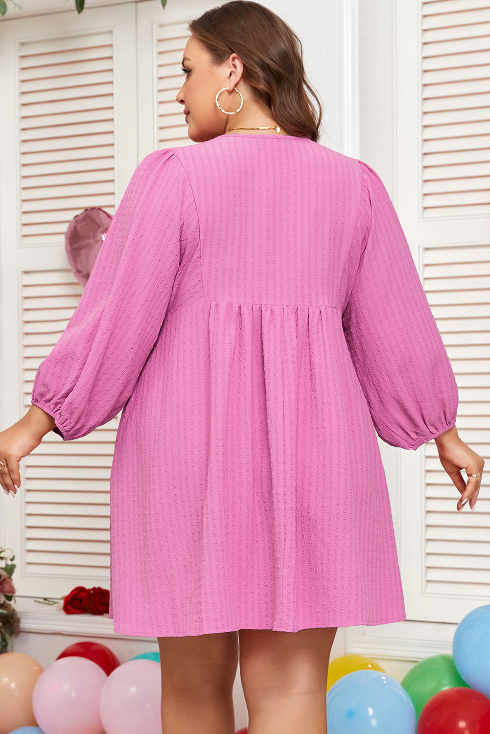 Premium Sachet Pink Plus Size Textured Tie Split Neck Puff Sleeve Flowy Mini Dress Dear-Lover Dropshipping