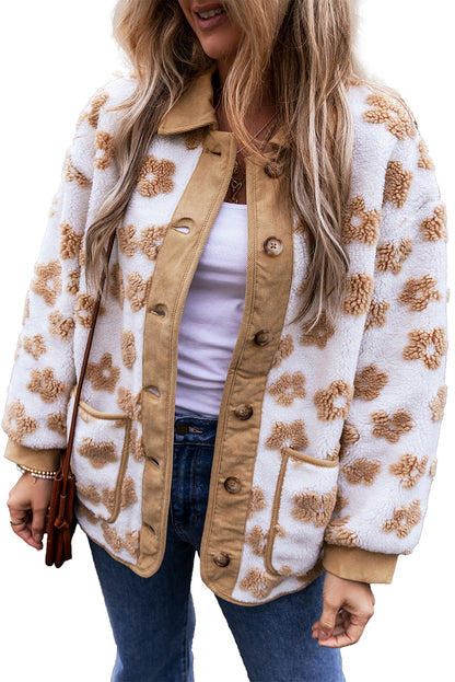 Charming beige fleece jacket with cute flower patterns and button-up design