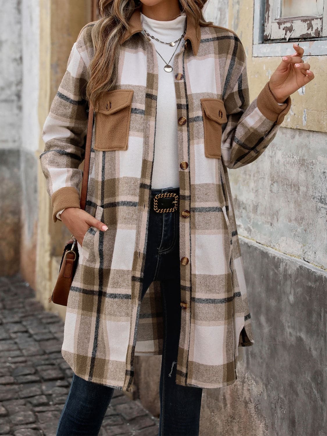 Plaid Button Up Long Sleeve Coat.