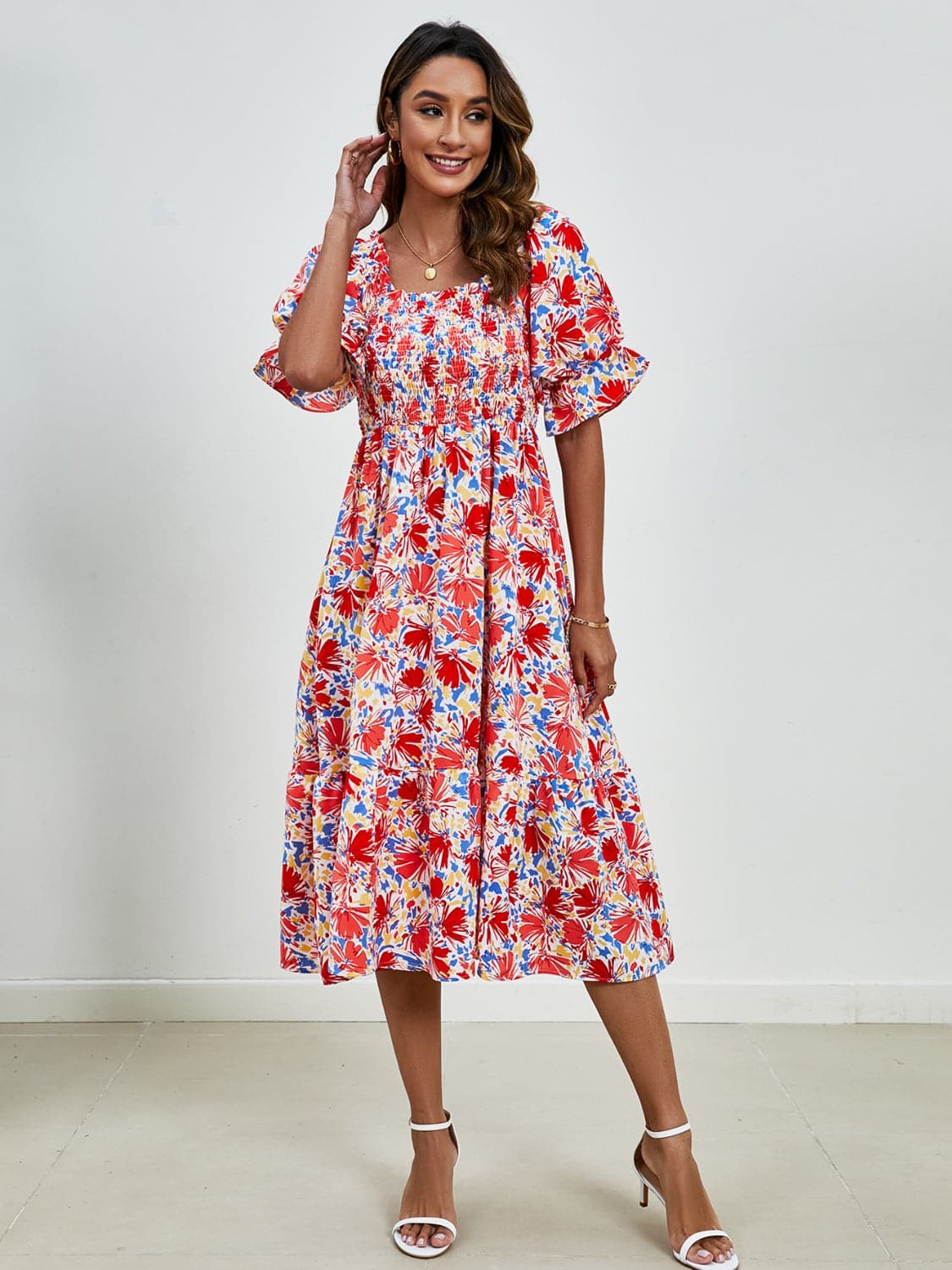 Smocked Floral Square Neck Short Sleeve Dress.