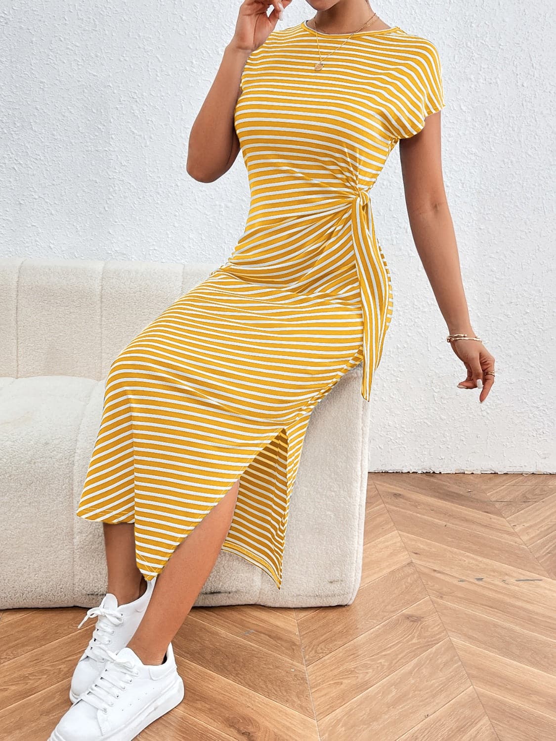 Tied Striped Round Neck Short Sleeve Tee Dress.