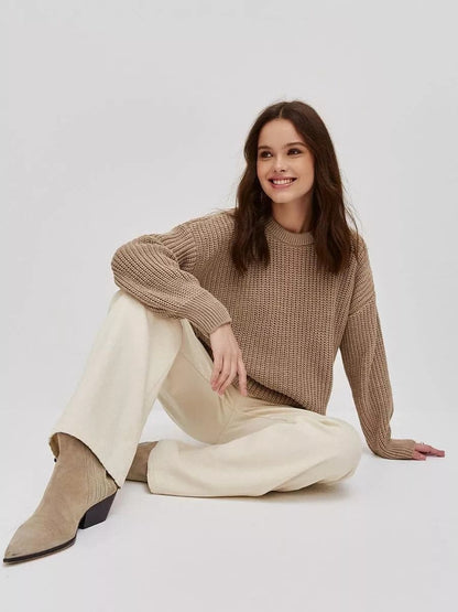 Cozy round neck long sleeve knit sweater