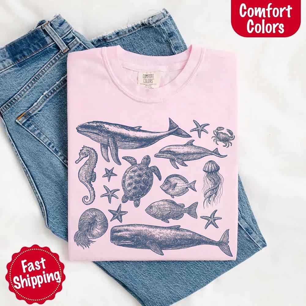 90s Sea Animals Comfort Colors Tee – Vintage Ocean Life Retro Shirt Adorb Custom Tees