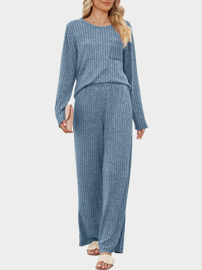 Cozy two-piece round neck top and pants ensemble