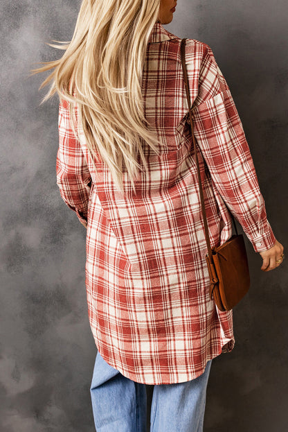 Chic plaid long shacket in fiery red