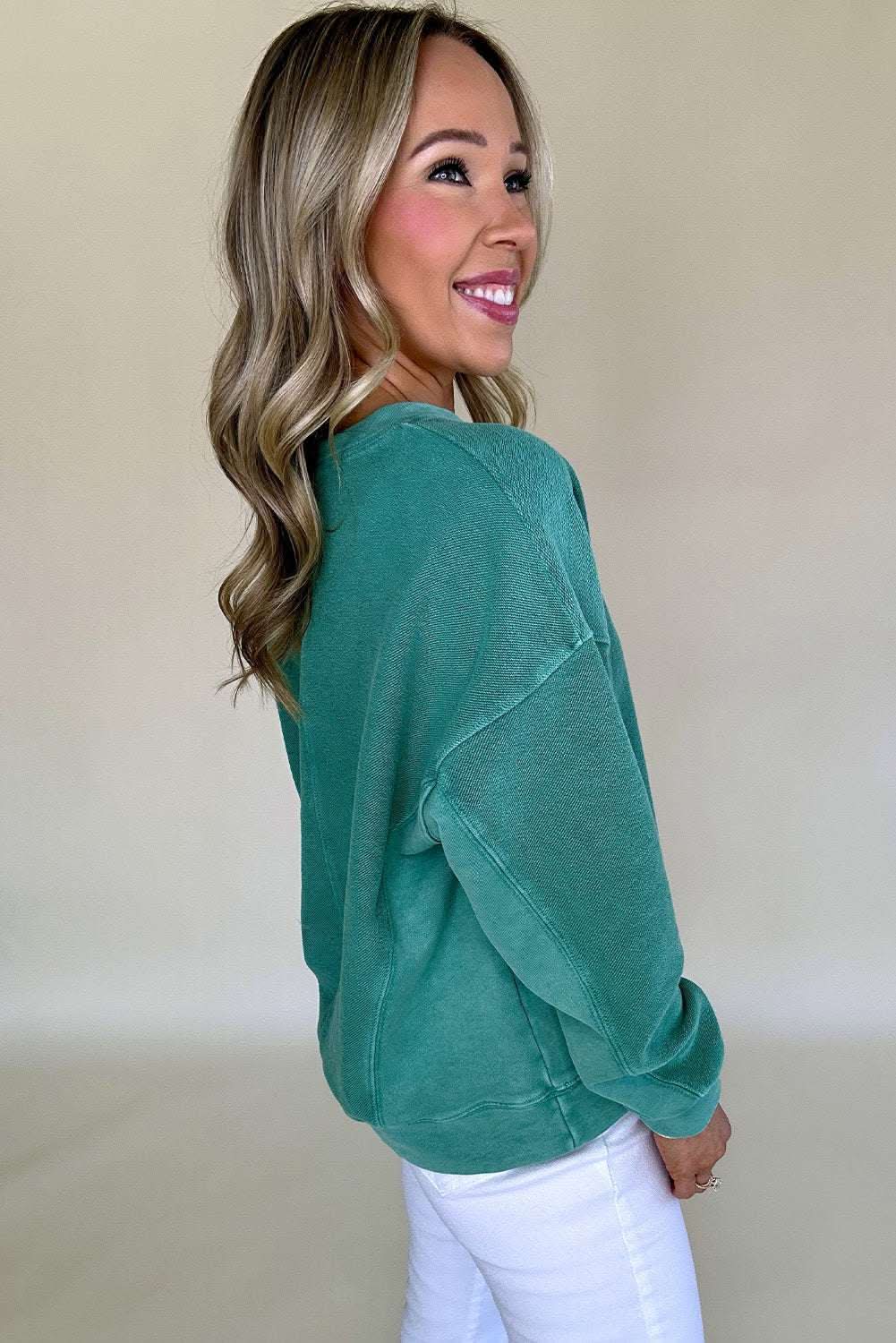 Skobeloff Solid Color Notched Neck Drop Shoulder Sweatshirt - Love Salve 