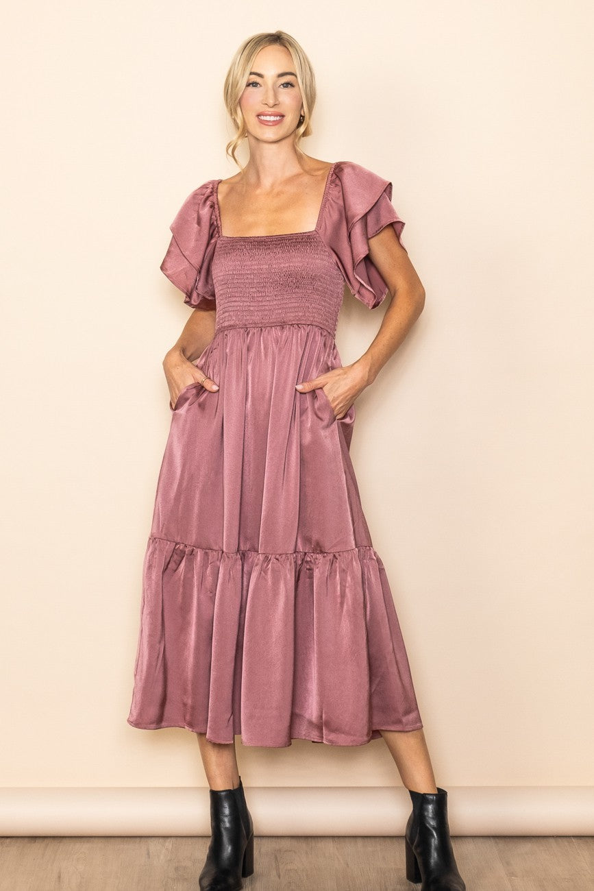 PinkBlush Mauve Satin Flutter Sleeve Maternity Midi Dress, full length view, ideal for maternity comfort and style.
