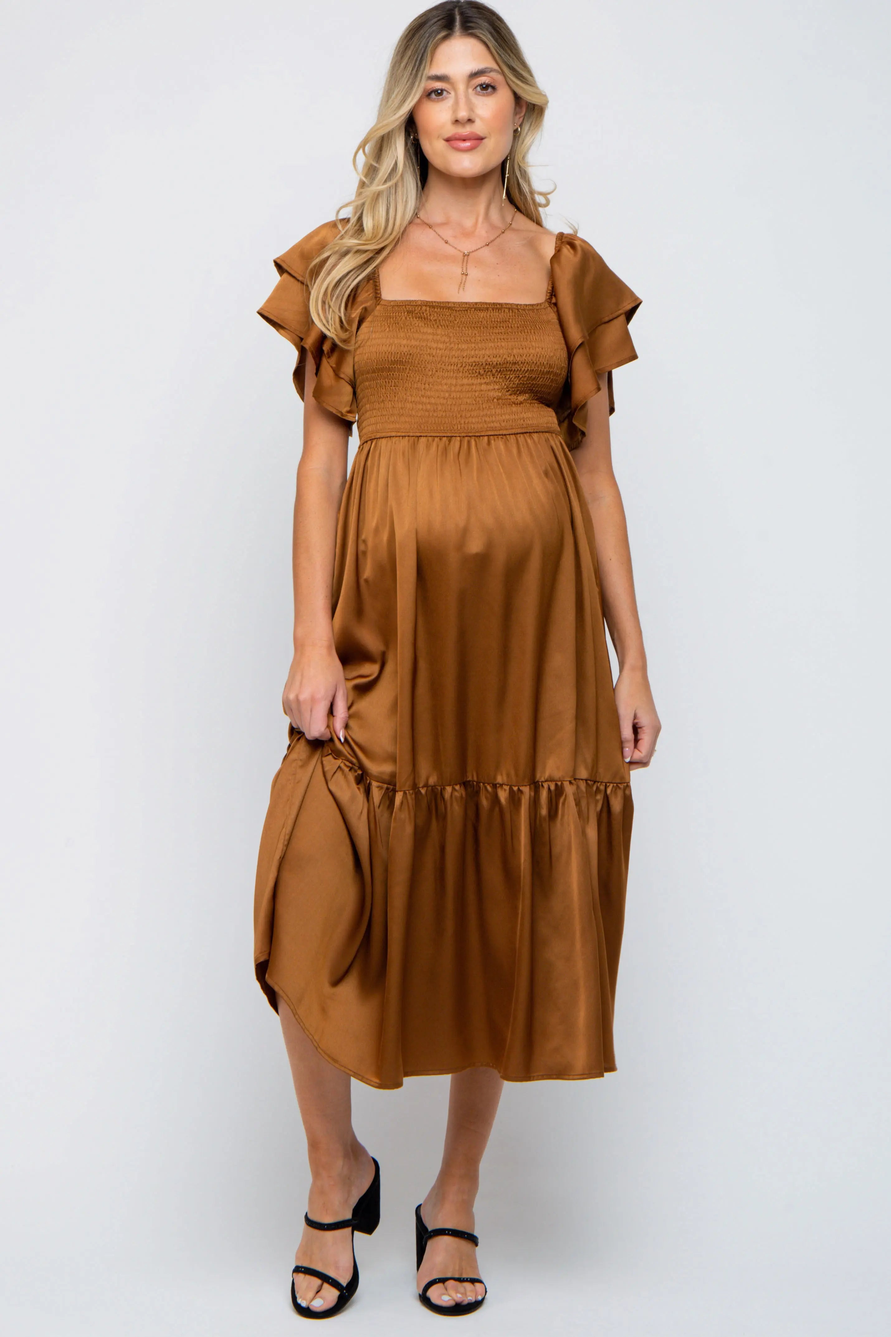 Camel Satin Flutter Sleeve Maternity Midi Dress PinkBlush