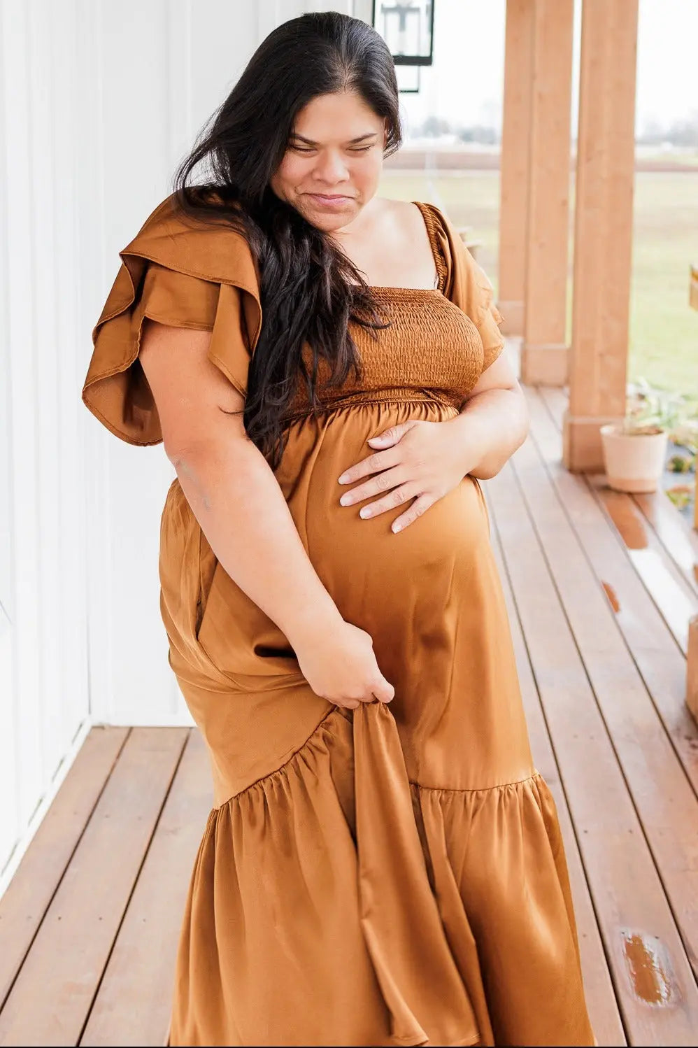 Camel Satin Flutter Sleeve Maternity Midi Dress PinkBlush