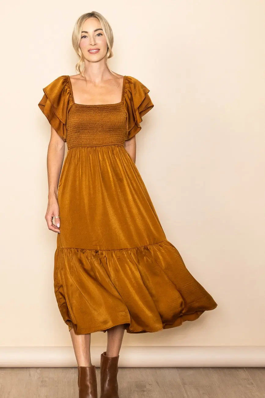 Camel Satin Flutter Sleeve Maternity Midi Dress PinkBlush