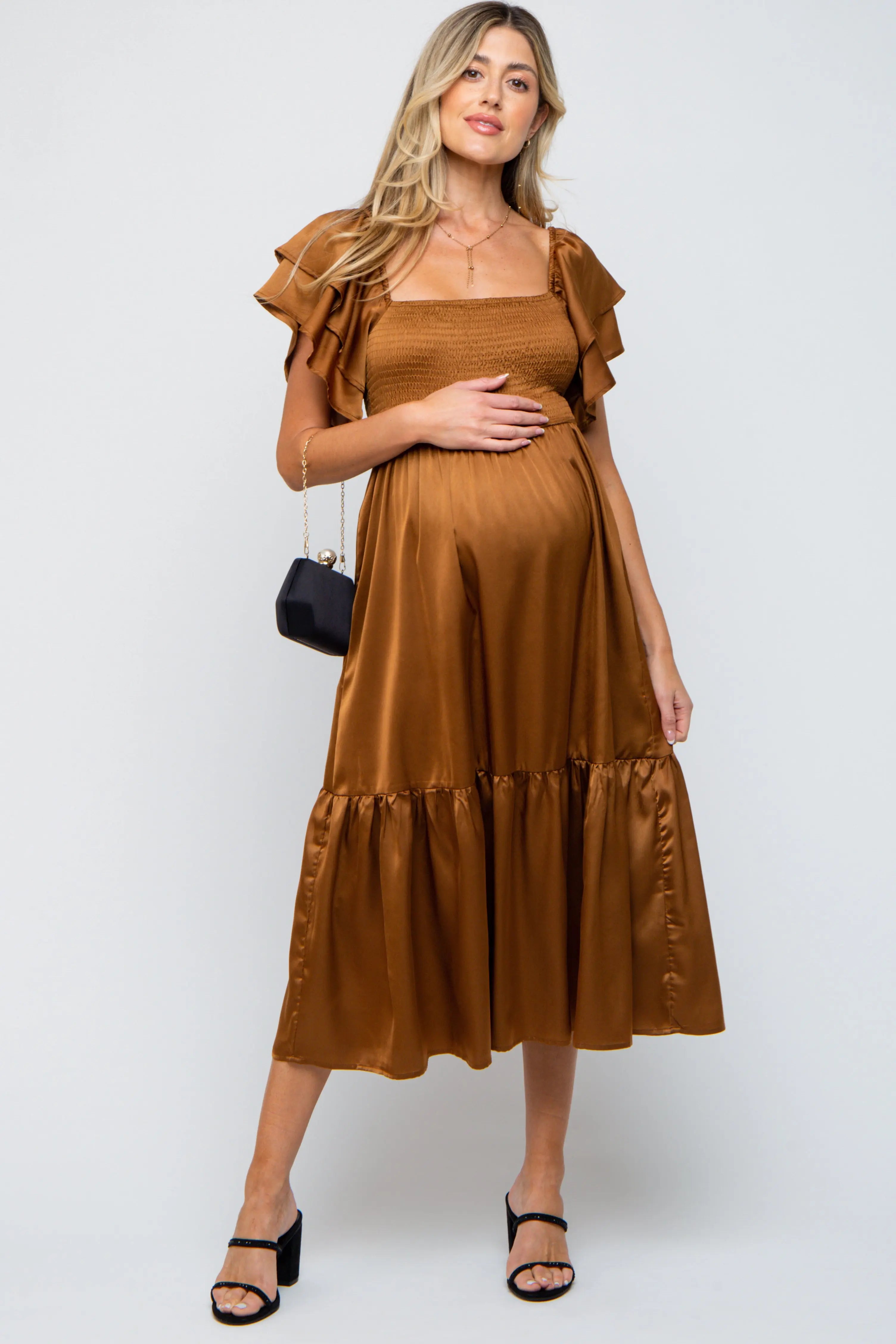Camel Satin Flutter Sleeve Maternity Midi Dress PinkBlush