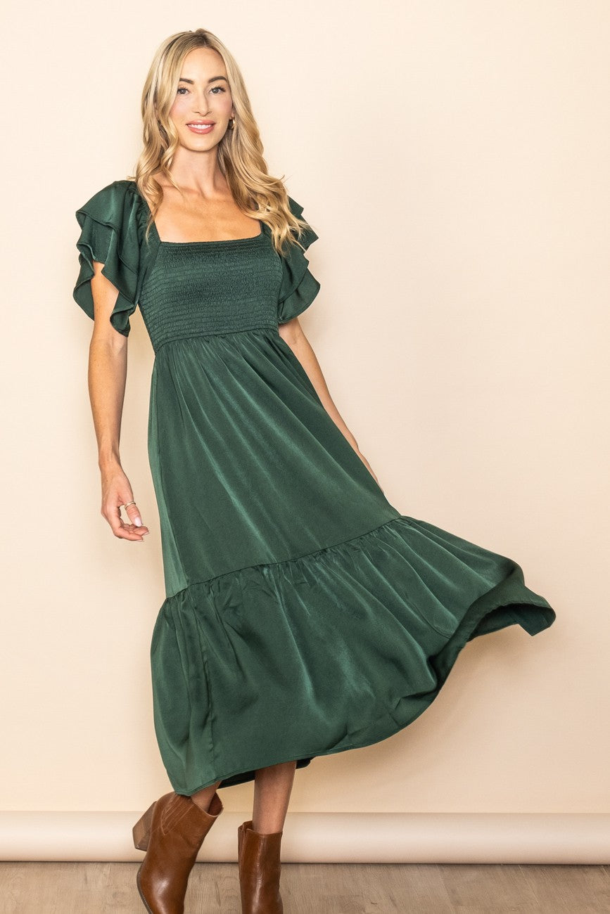 Forest Green Satin Flutter Sleeve Maternity Midi Dress PinkBlush