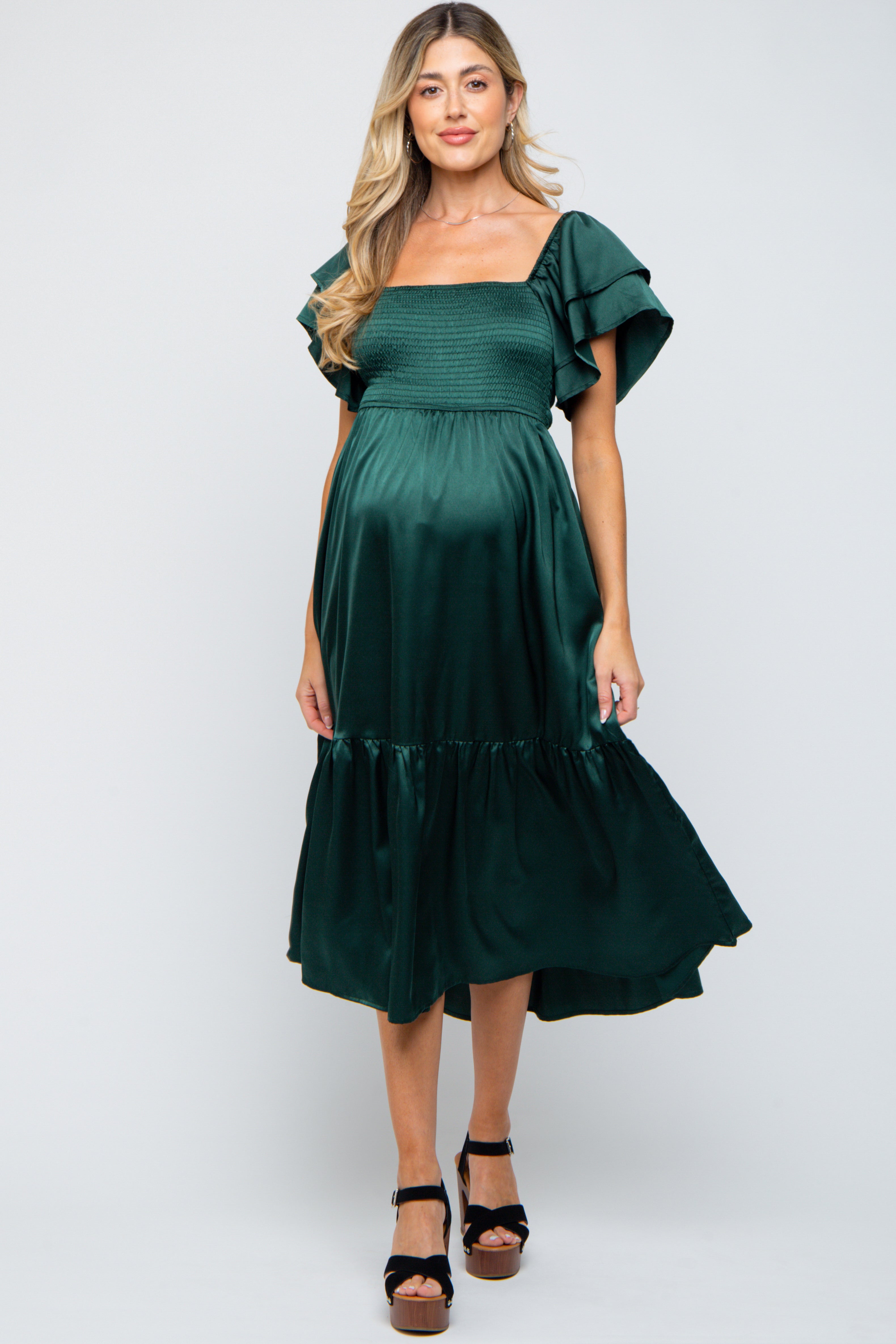 Forest Green Satin Flutter Sleeve Maternity Midi Dress PinkBlush