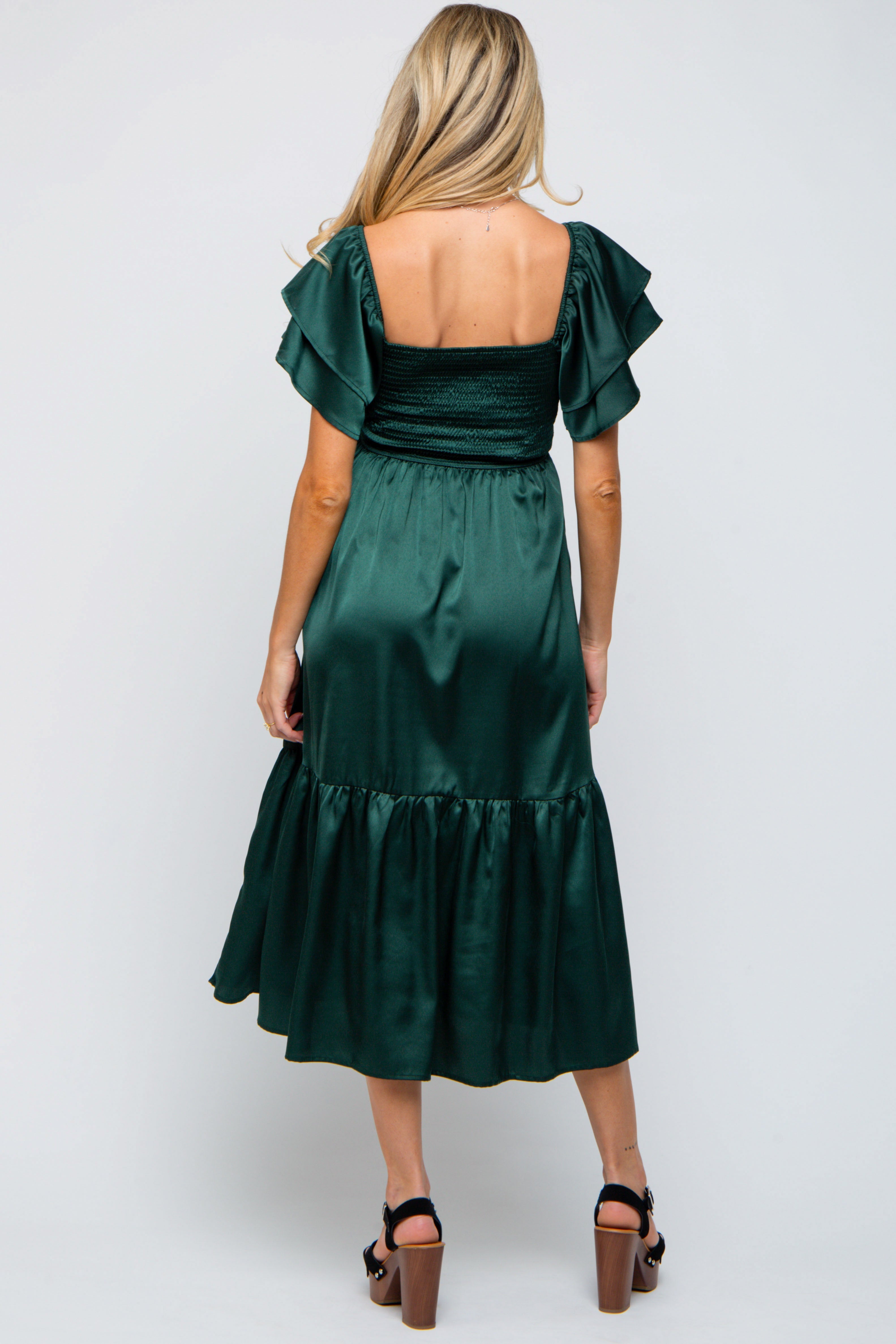 Forest Green Satin Flutter Sleeve Maternity Midi Dress PinkBlush
