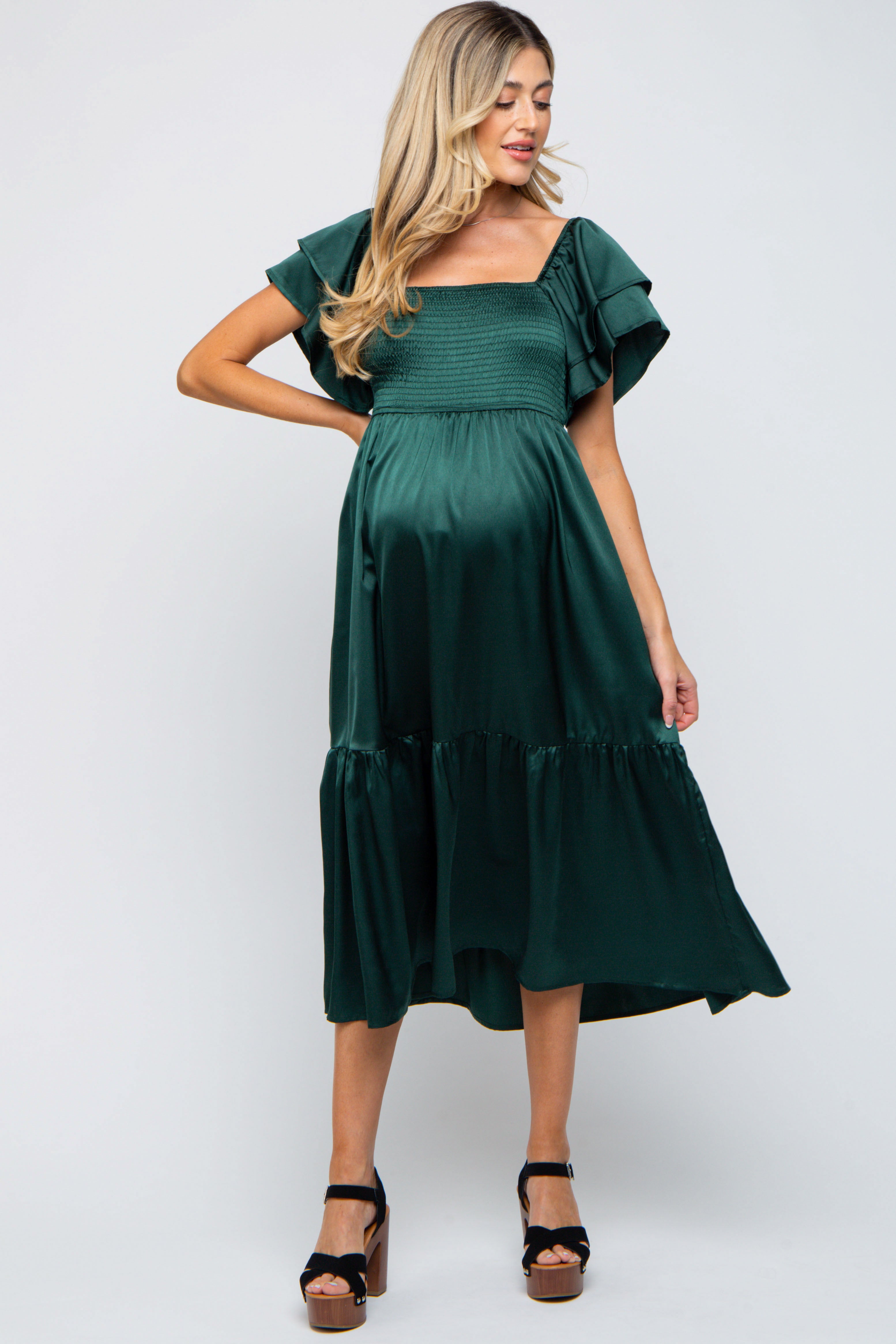 Forest Green Satin Flutter Sleeve Maternity Midi Dress PinkBlush
