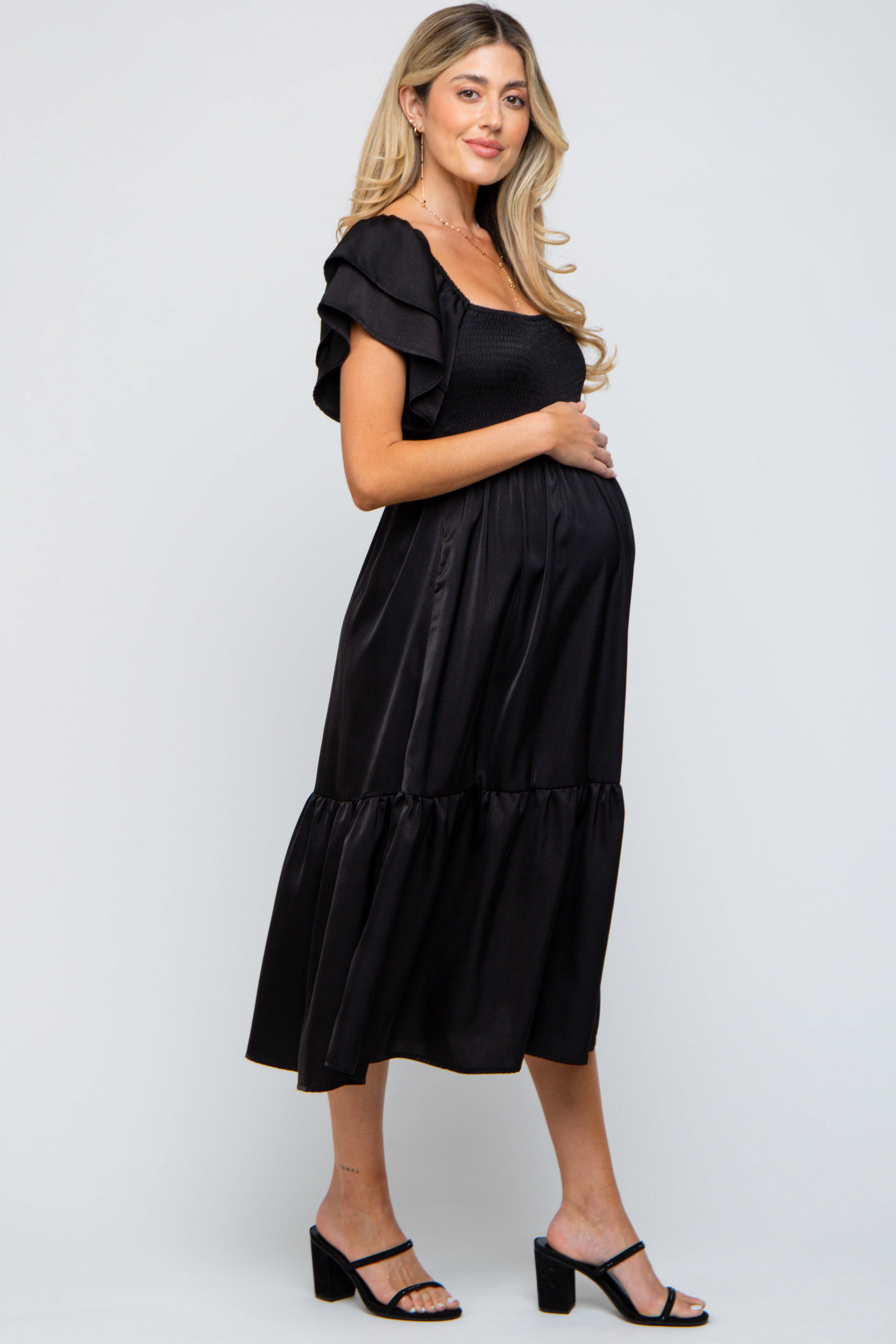 Black Satin Flutter Sleeve Maternity Midi Dress PinkBlush