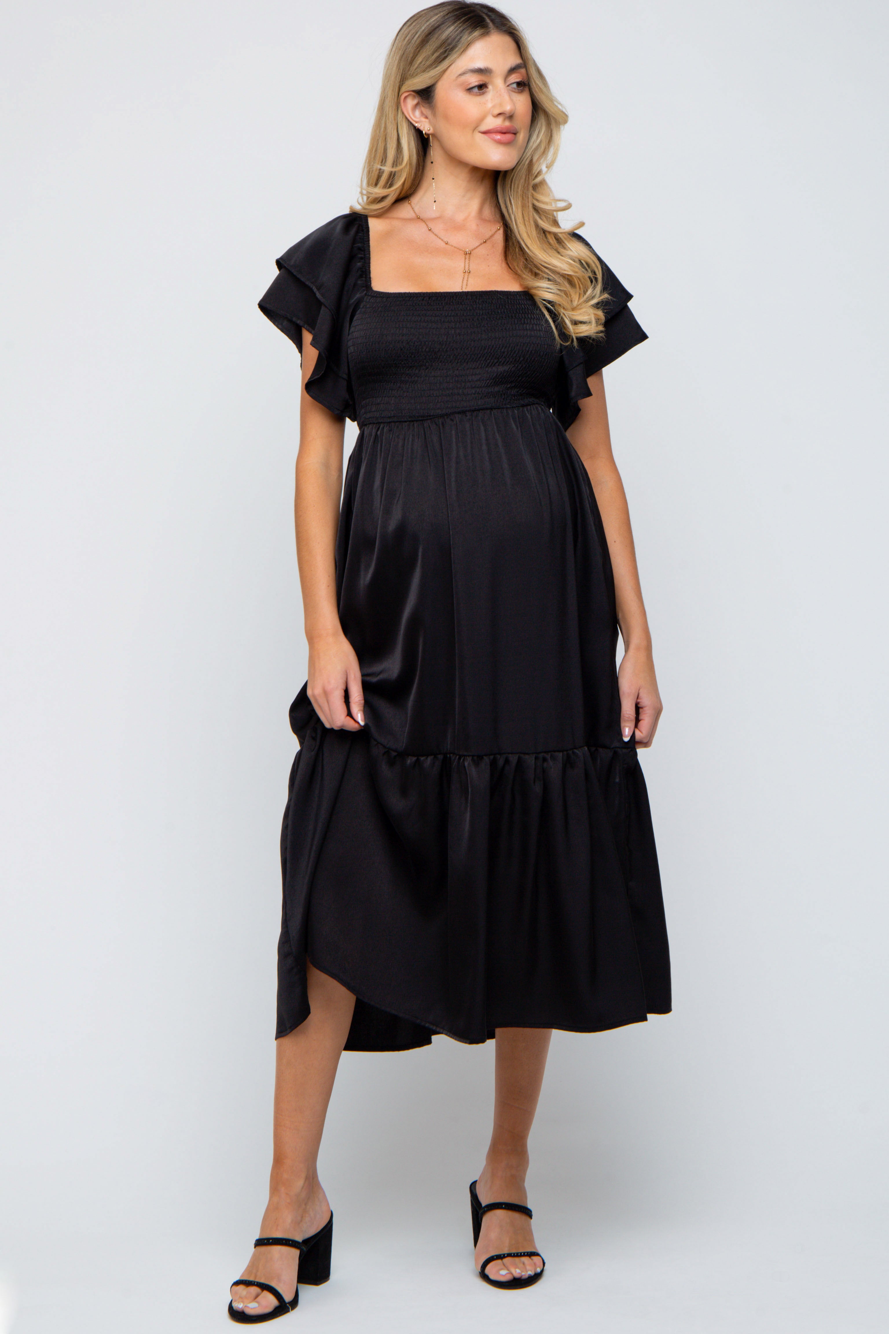 Black Satin Flutter Sleeve Maternity Midi Dress PinkBlush