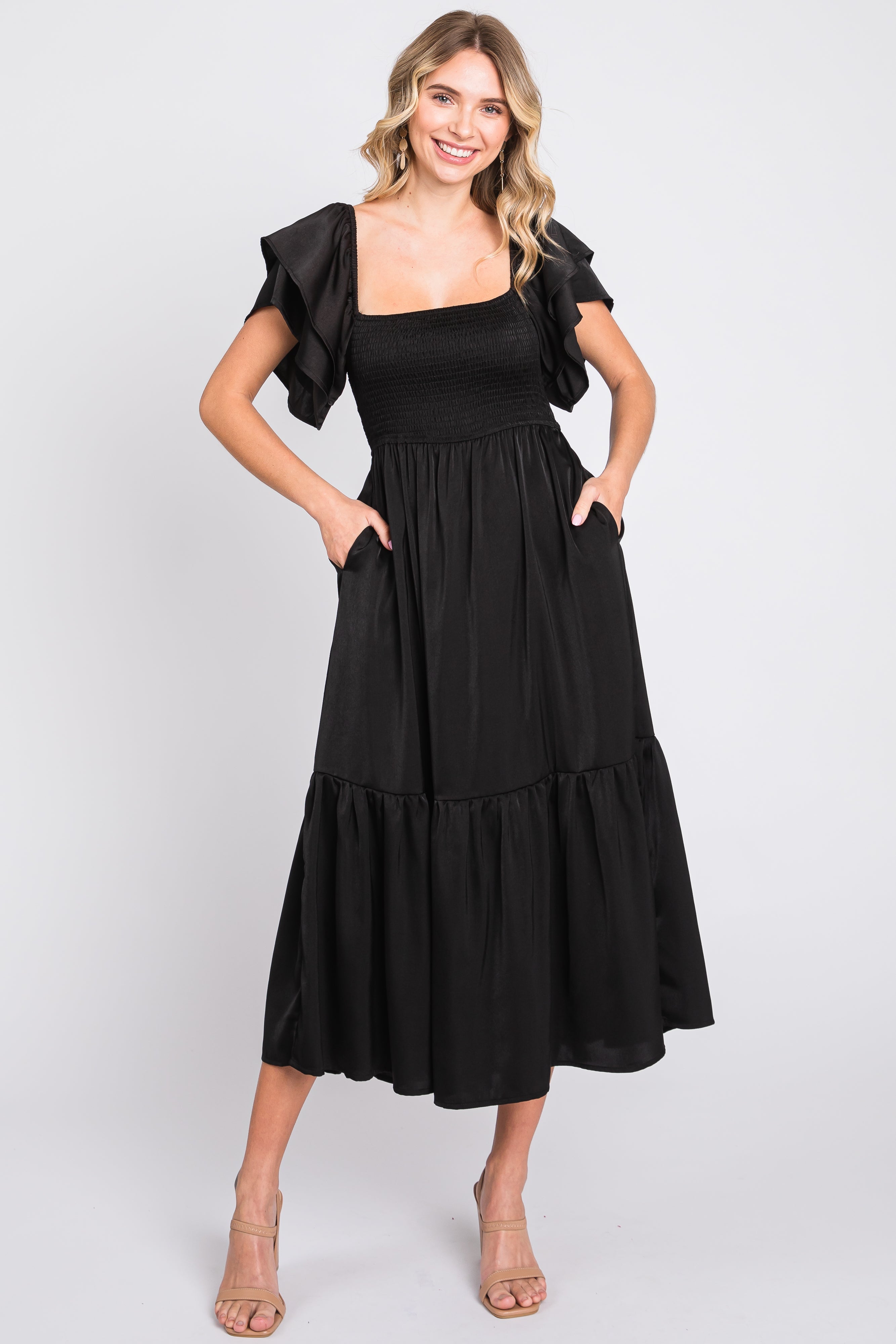 Black Satin Flutter Sleeve Maternity Midi Dress PinkBlush