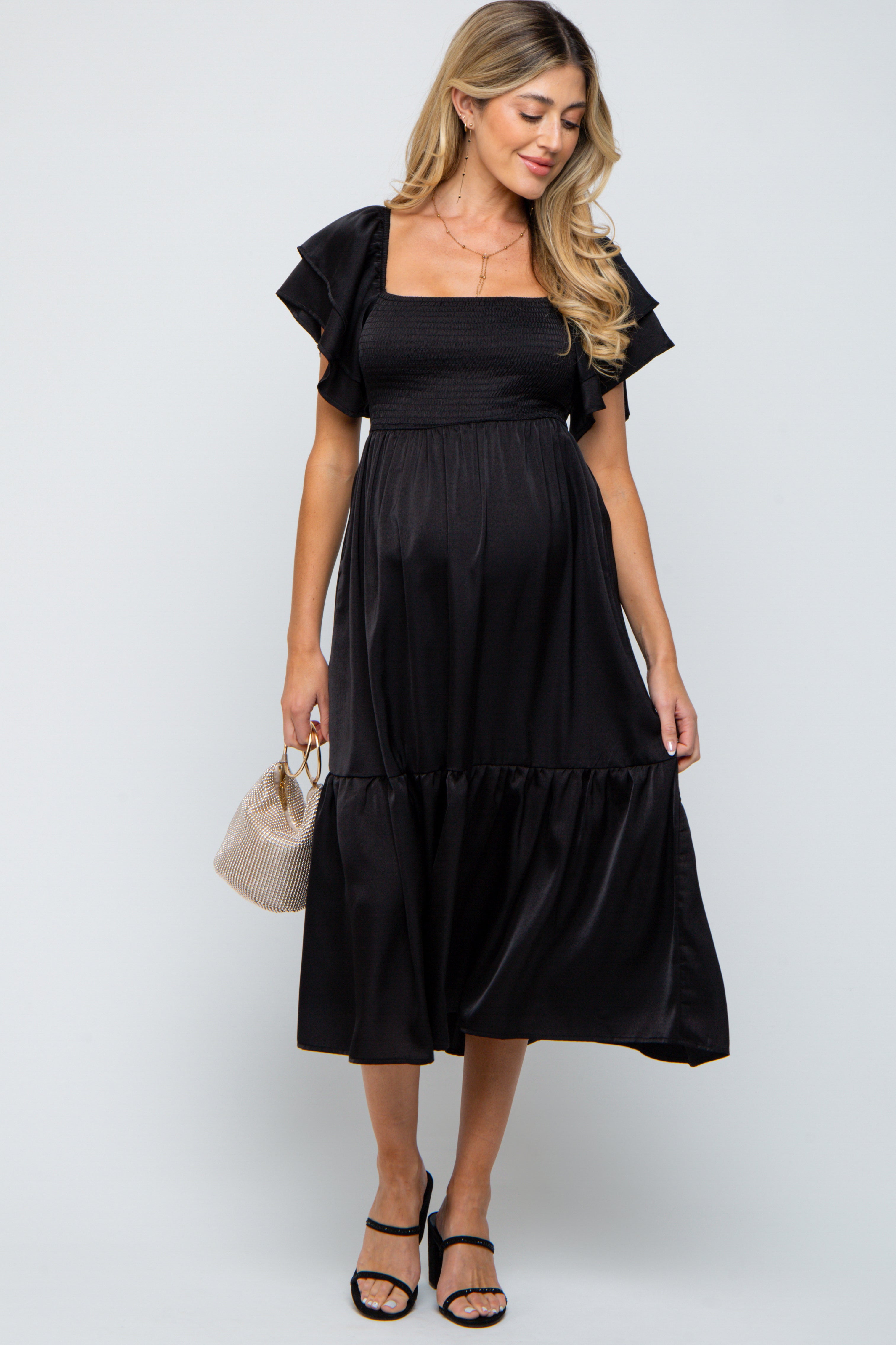 Black Satin Flutter Sleeve Maternity Midi Dress PinkBlush