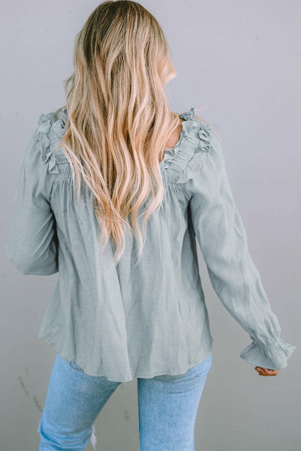 Frill Trim Flounce Sleeve Blouse.