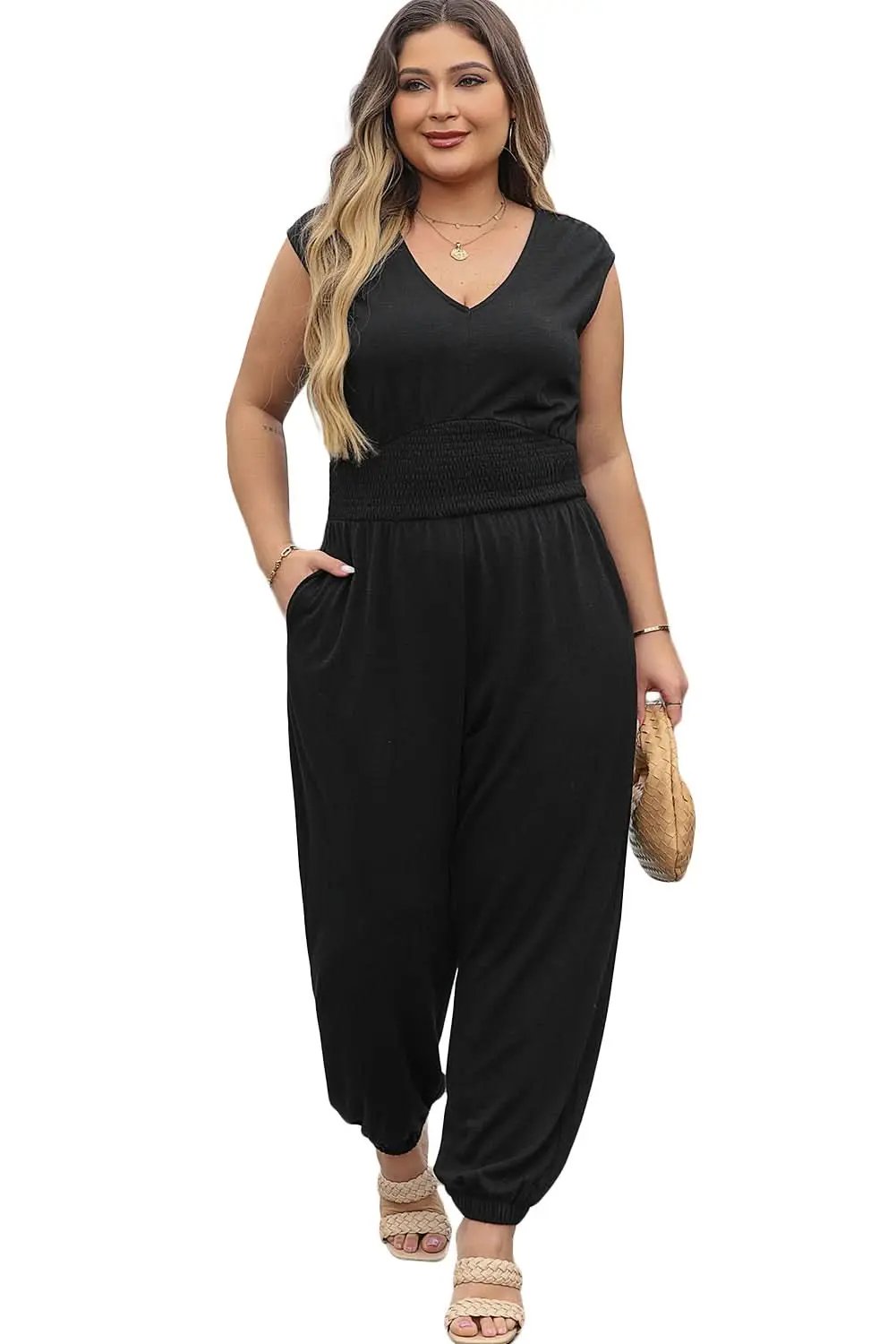 Plus size black smocked jumpsuit - Love Salve 