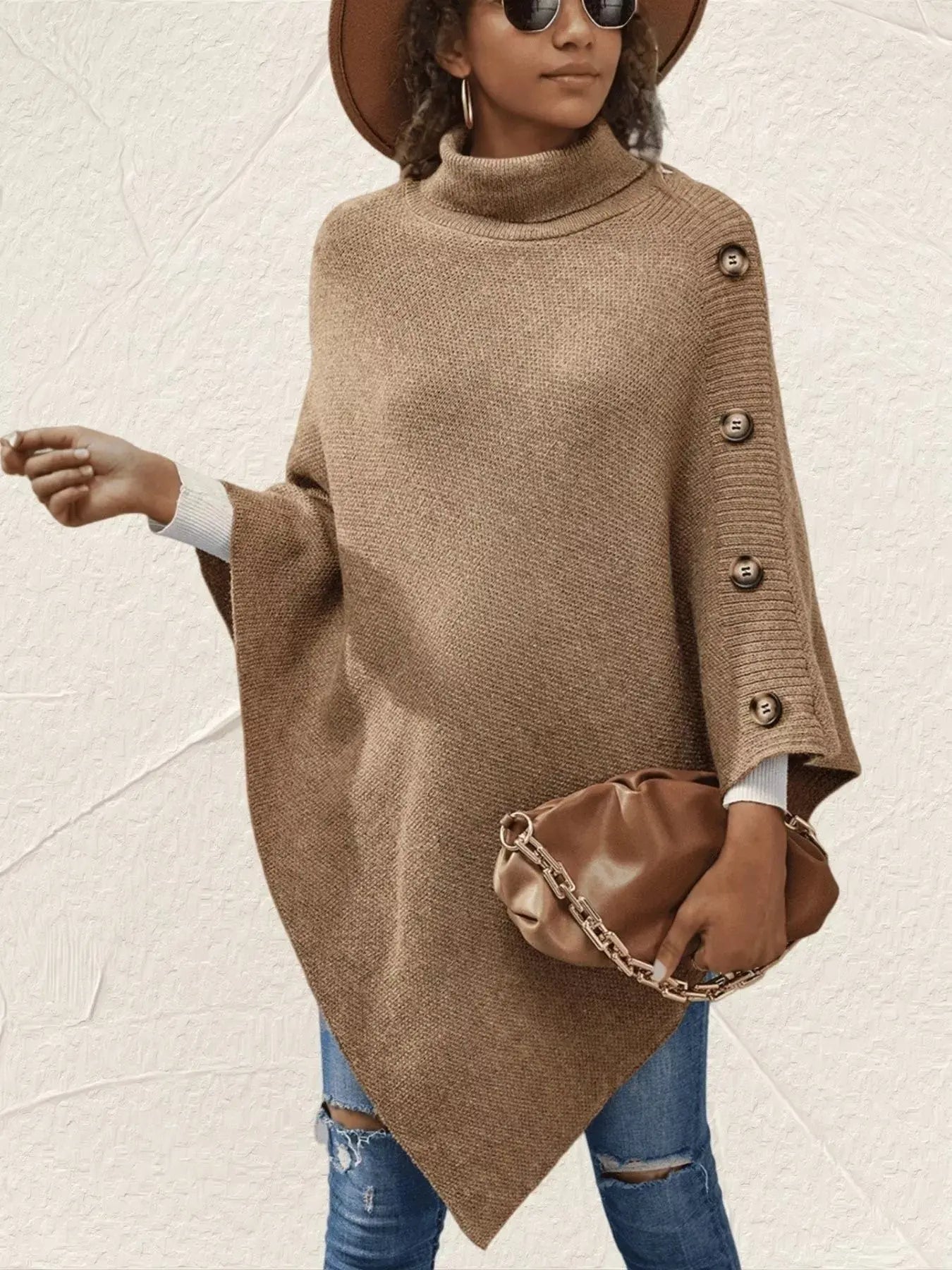 Button-Decor Turtleneck Poncho Pullover Simply Love