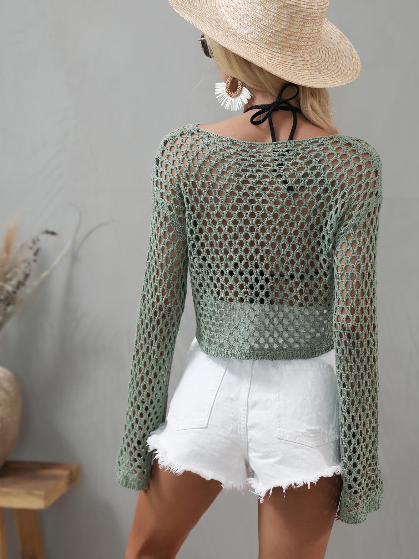 Openwork Flare Sleeve Cropped Cover Up.