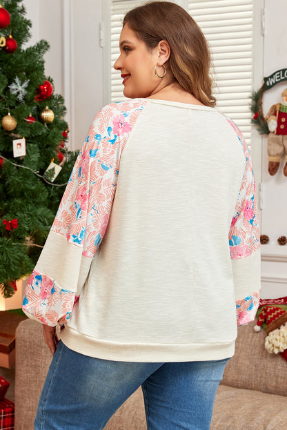 Chic apricot floral patchwork top with puff sleeves for plus sizes