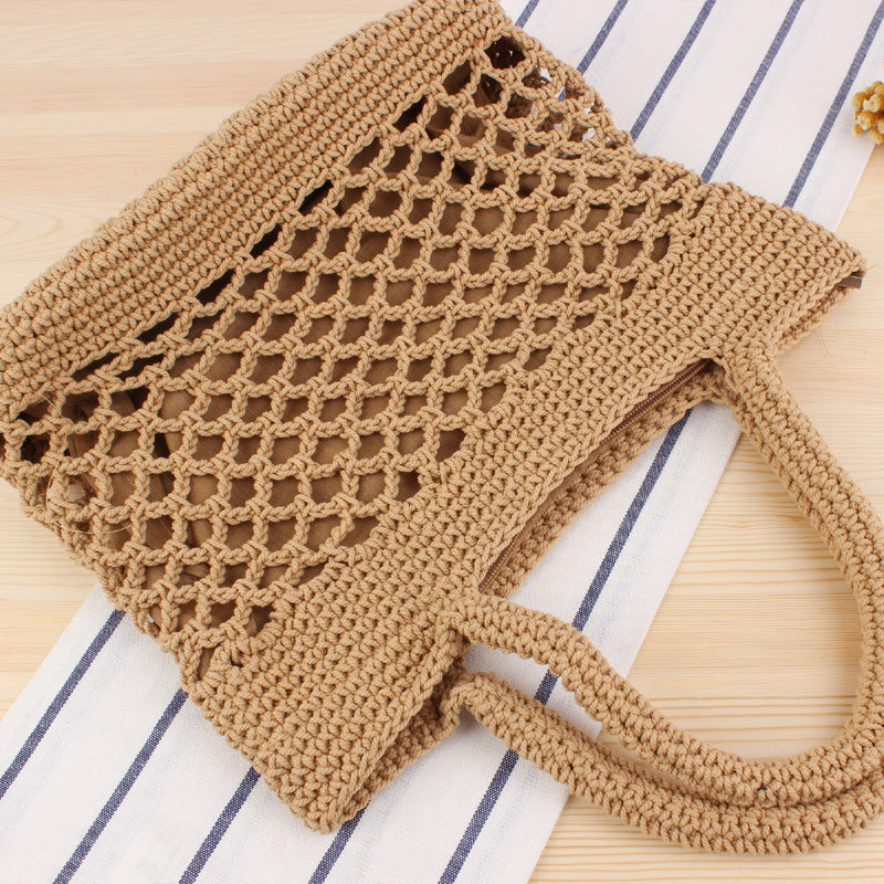 Solid Color Cotton Thread Hand Crocheting Woven Bag Trendy Women Mori Portable Vacation Beach Straw Bag Bella Mia