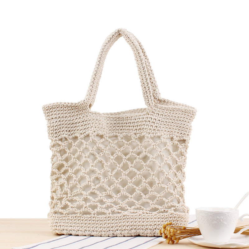 Solid Color Cotton Thread Hand Crocheting Woven Bag Trendy Women Mori Portable Vacation Beach Straw Bag Bella Mia