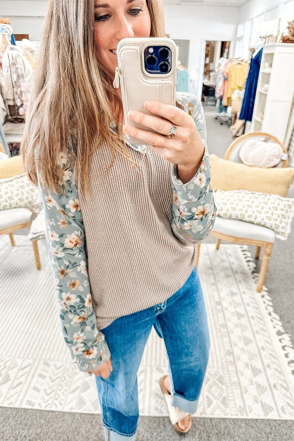 Parchment Twist Ribbed Floral Contrast Patchwork Long Sleeve Top Dear-Lover Dropshipping