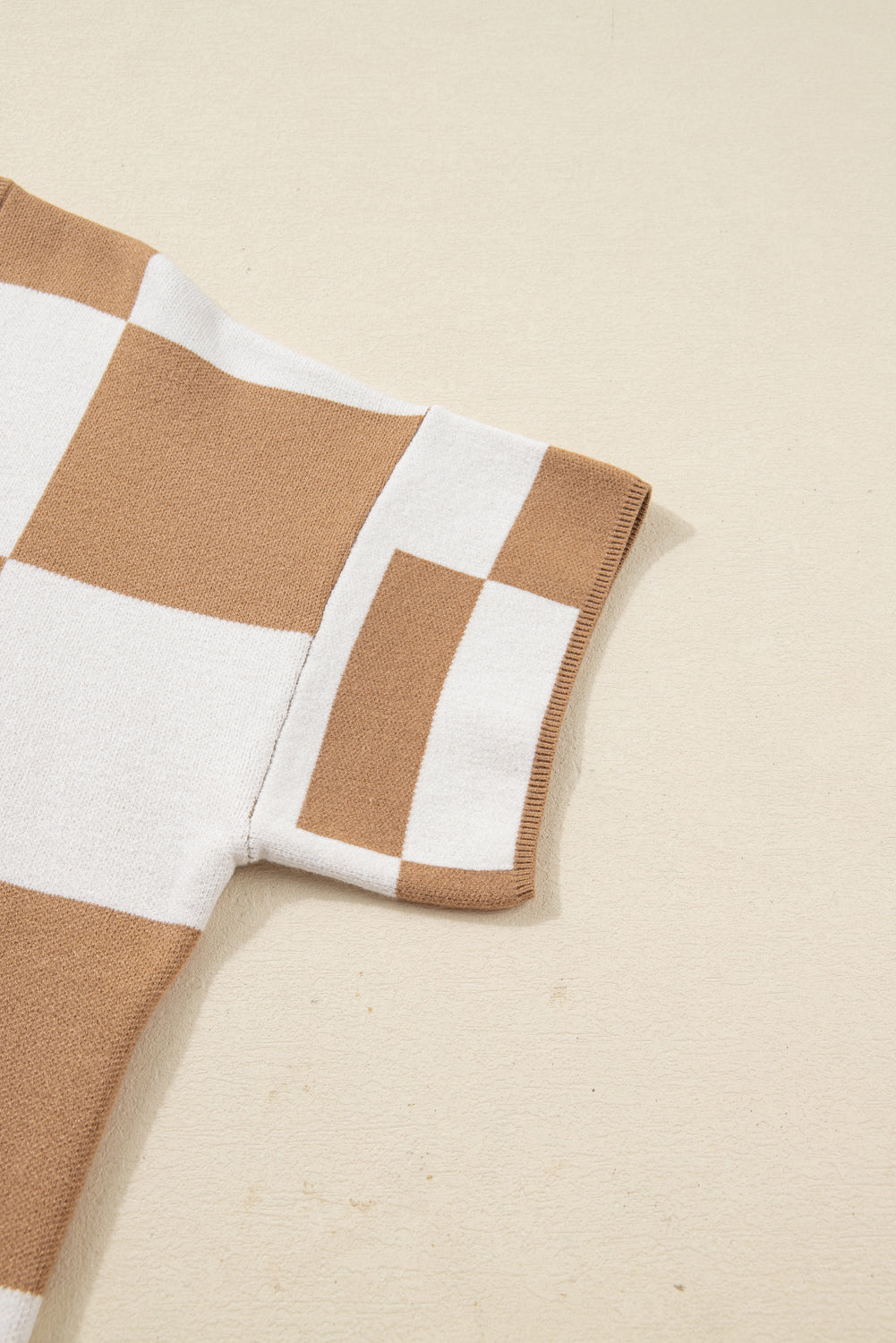 French Beige Plus Size Checkered Knit Short Sleeve Sweater Dear-Lover Dropshipping