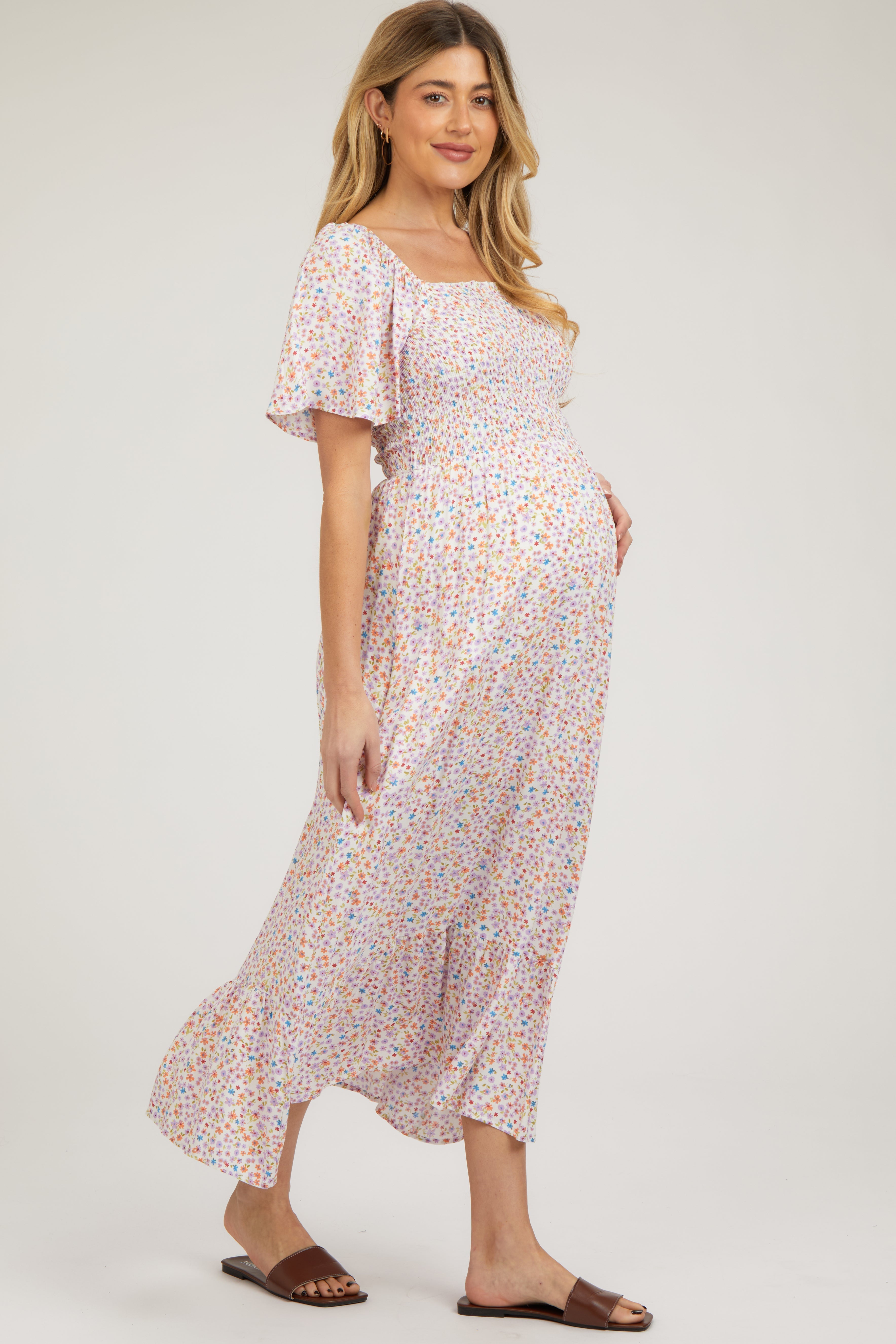 Ivory Floral Smocked Maternity Maxi Dress PinkBlush