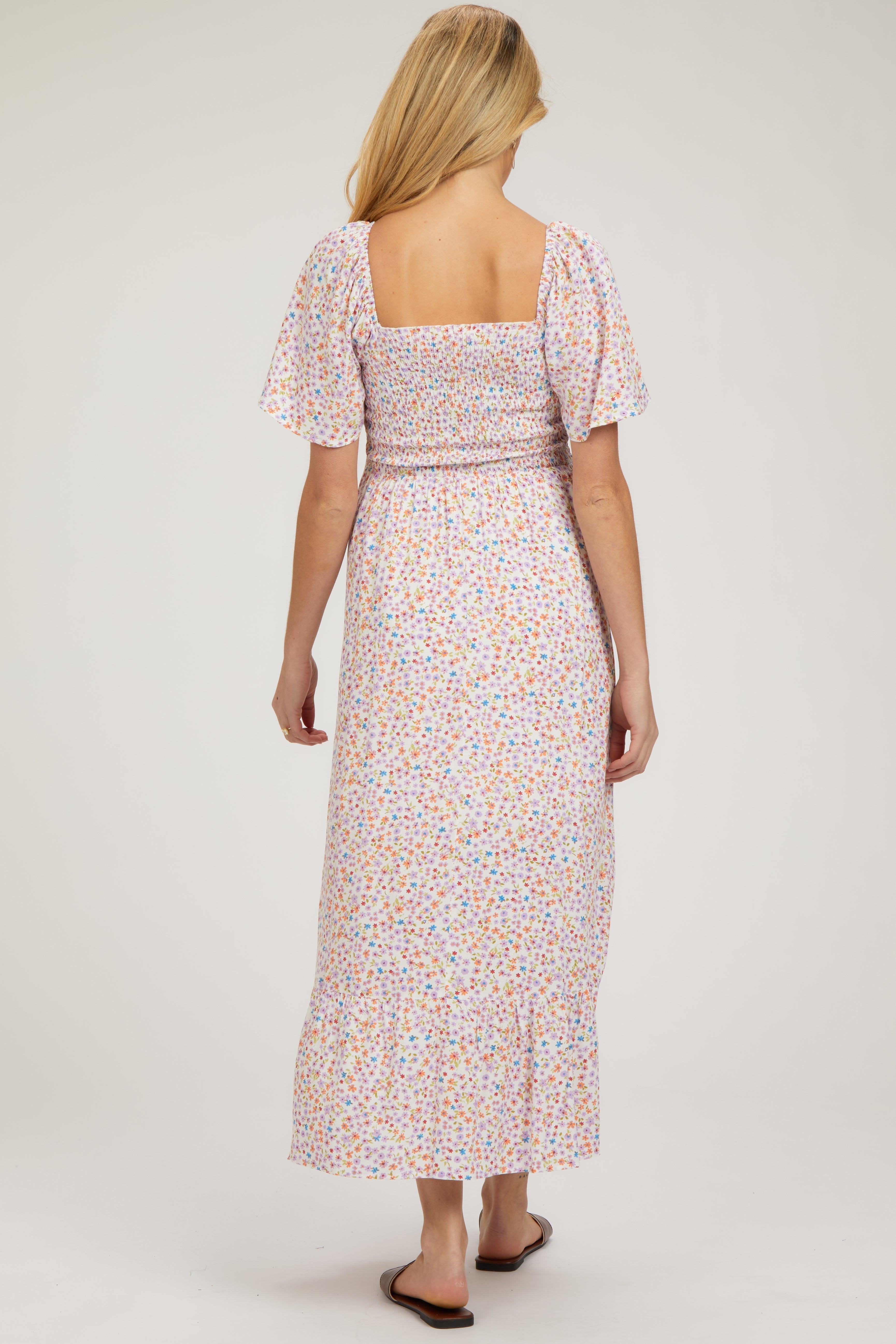 Ivory Floral Smocked Maternity Maxi Dress PinkBlush