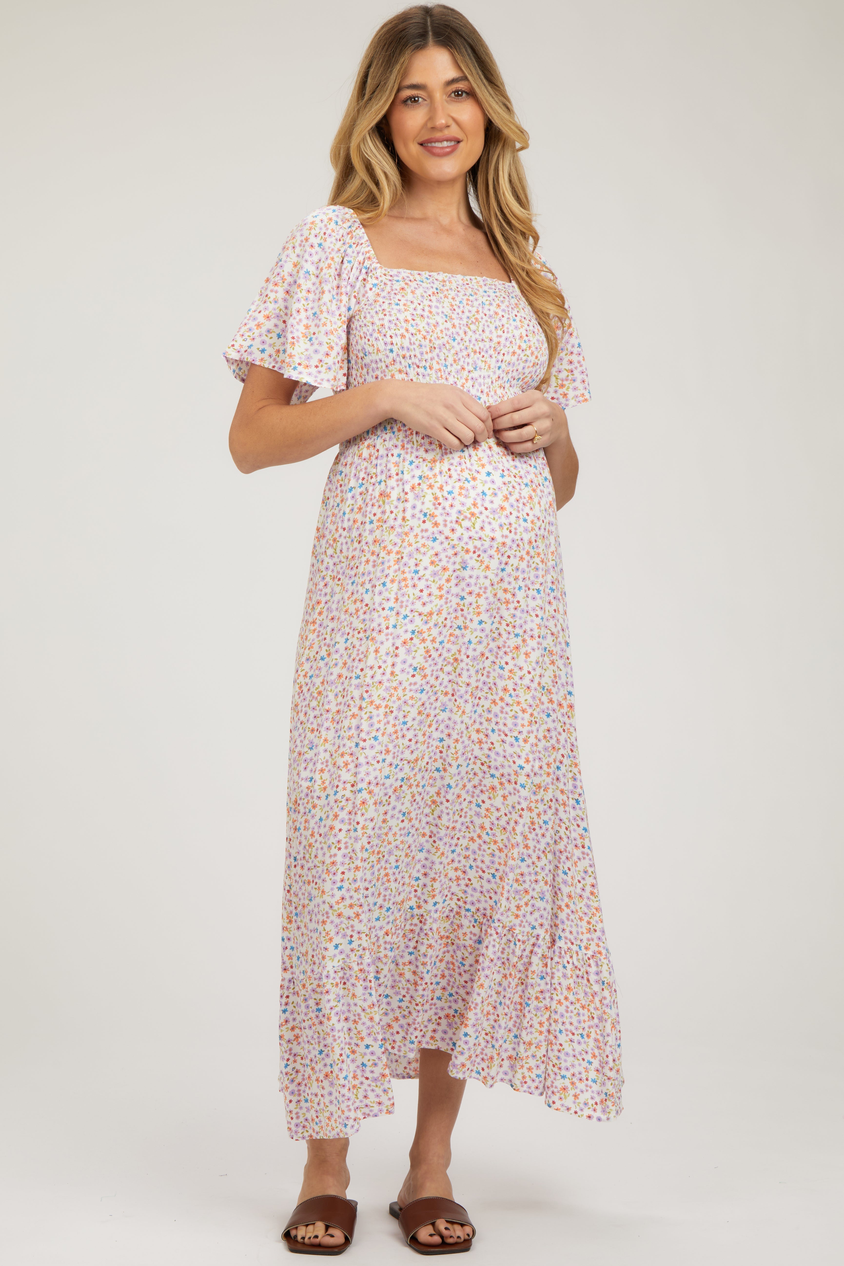 Ivory Floral Smocked Maternity Maxi Dress PinkBlush