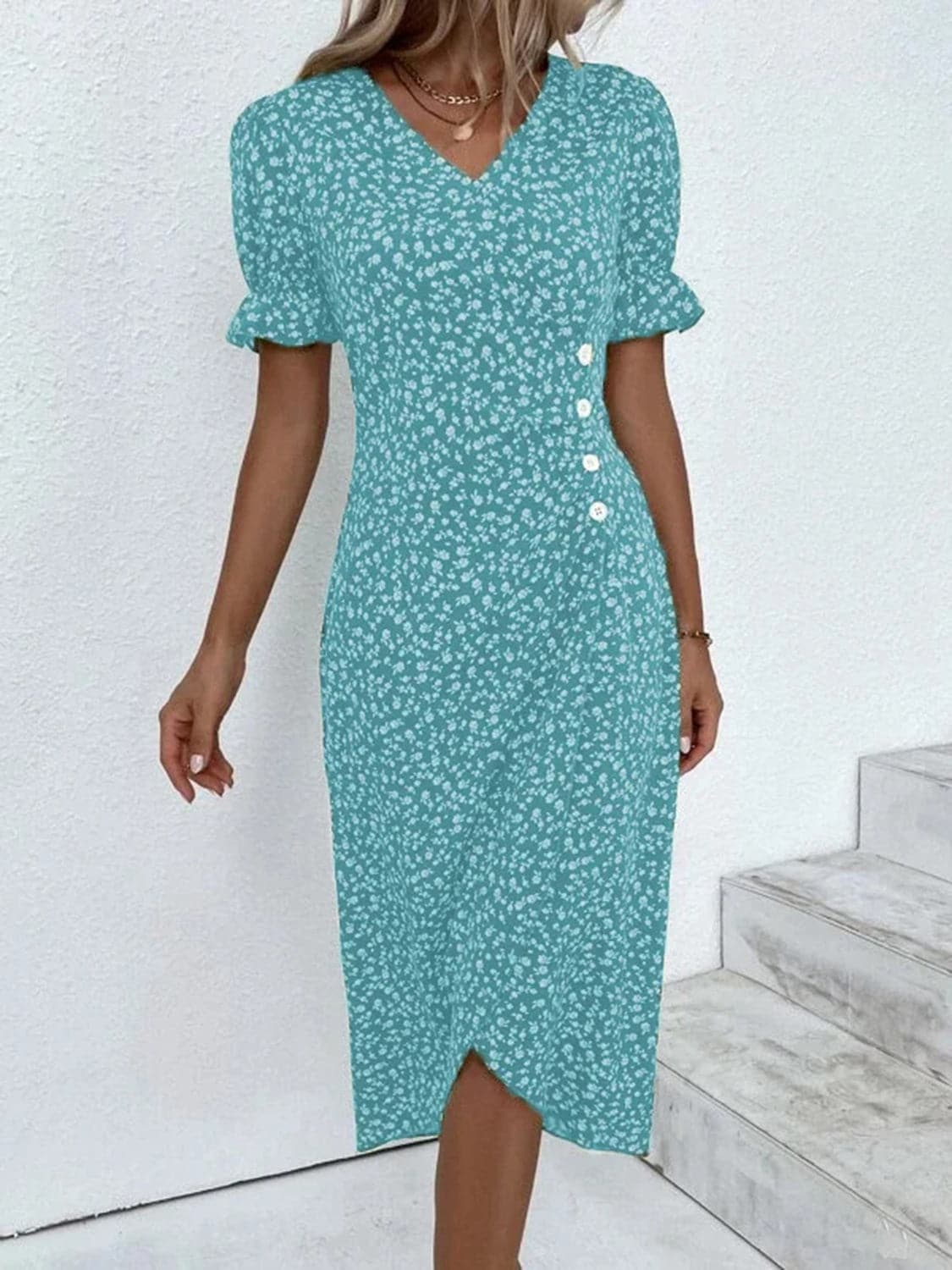 Full Size Printed Surplice Flounce Sleeve Midi Dress.